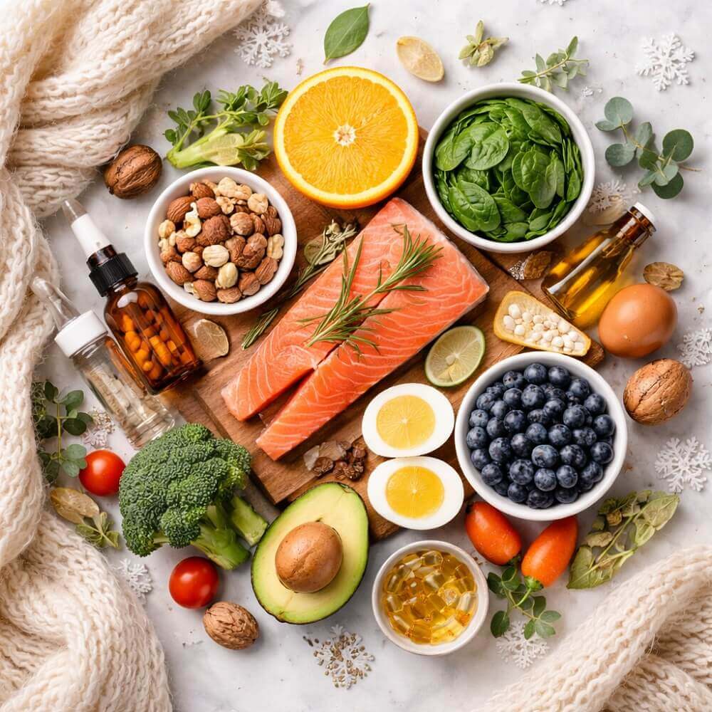 Winterliches Flatlay mit Lachs, Nüssen, Beeren, Spinat, Brokkoli, Avocado, Zitrusfrüchten, Ei und Nahrungsergänzungs-Kapseln auf hellem Untergrund, dekoriert mit Strickschal und Schneeflocken.