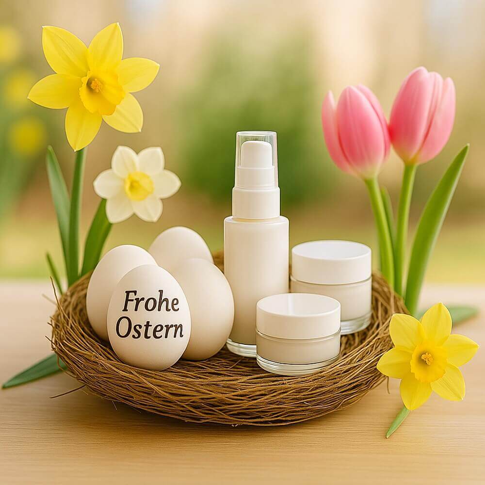 Osterkörbchen mit Eiern, Hautpflegeprodukten und bunten Frühlingsblumen