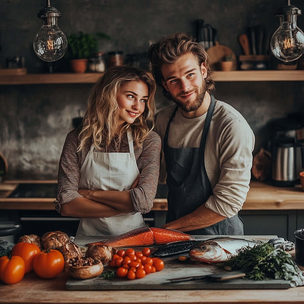 Attraktives junges Paar steht in einer stylischen Küche. Auf einem Teller liegen zinkhaltige Lebensmittel wie Fleisch, Fisch, Nüsse und Samen.