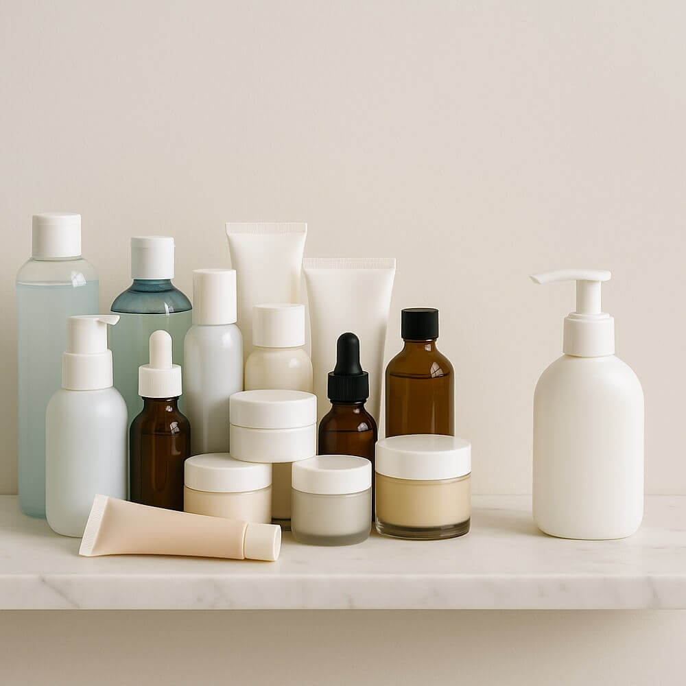 Viele verschiedene Hautpflegeprodukte aufgereiht auf einem Regal, daneben ein einzelnes minimalistisches Flaschen-Design als Symbol für Überpflege versus Minimalismus.
