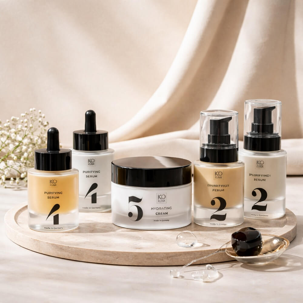 Stilvolles Mood-Bild mit ausgewählten Produkten der KÖ-KLINIK Premium Linie auf hellem, natürlichem Untergrund – hochwertige, minimalistische Anti-Aging-Hautpflege Made in Germany.