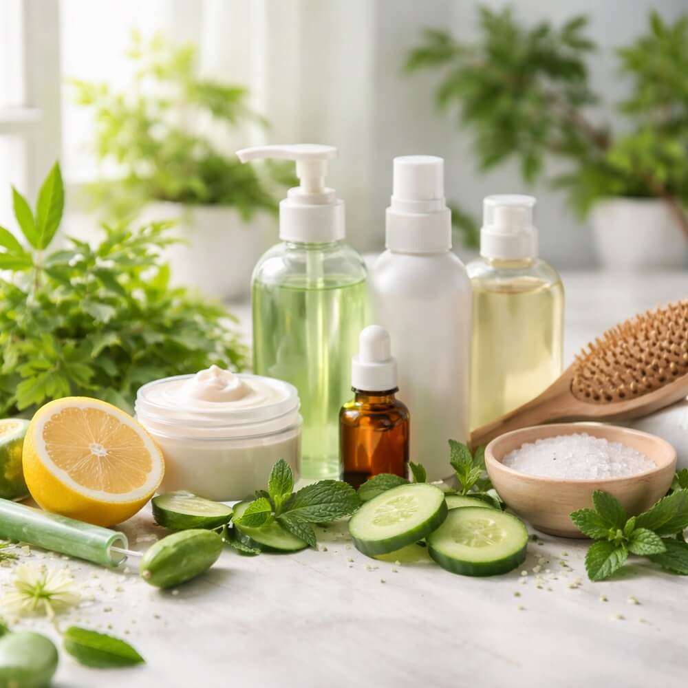 Natürliche Haut- und Haarpflegeprodukte mit frischen Zutaten wie Gurke, Zitrone und Kräutern auf hellem Untergrund – Symbol für einen sanften Beauty-Detox nach den Feiertagen.