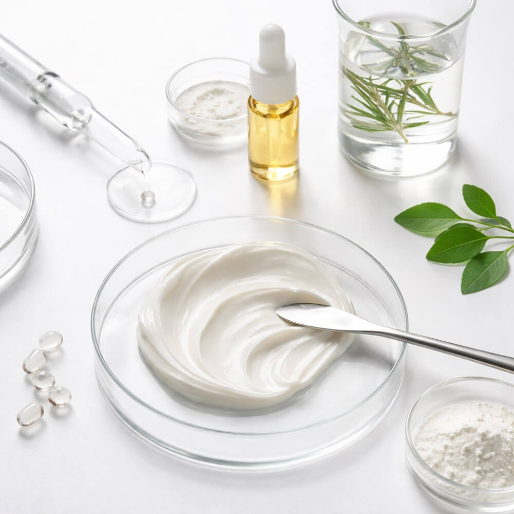 Clean-Beauty-Formulierung mit cremiger Textur, Pipette und ausgewählten Inhaltsstoffen in minimalistischem Laborsetup – Symbol für hochwertige, wissenschaftlich fundierte Kosmetik.
