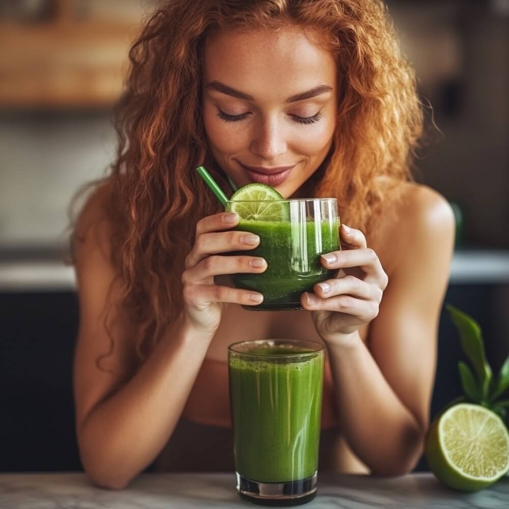 Junge Frau, die einen grünen Smoothie trinkt