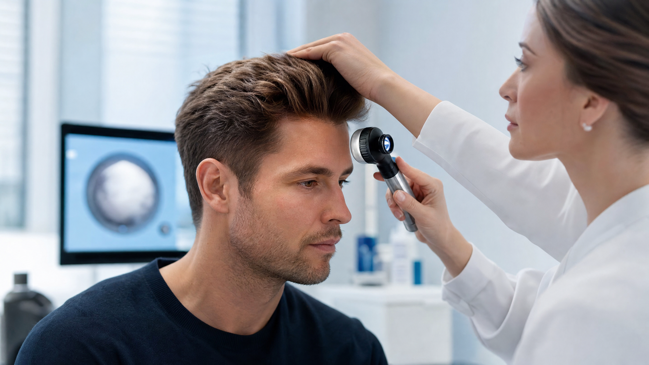 Nicht-hormonelle Haarausfall-Behandlung 2026 - Dermatologische Untersuchung der Kopfhaut