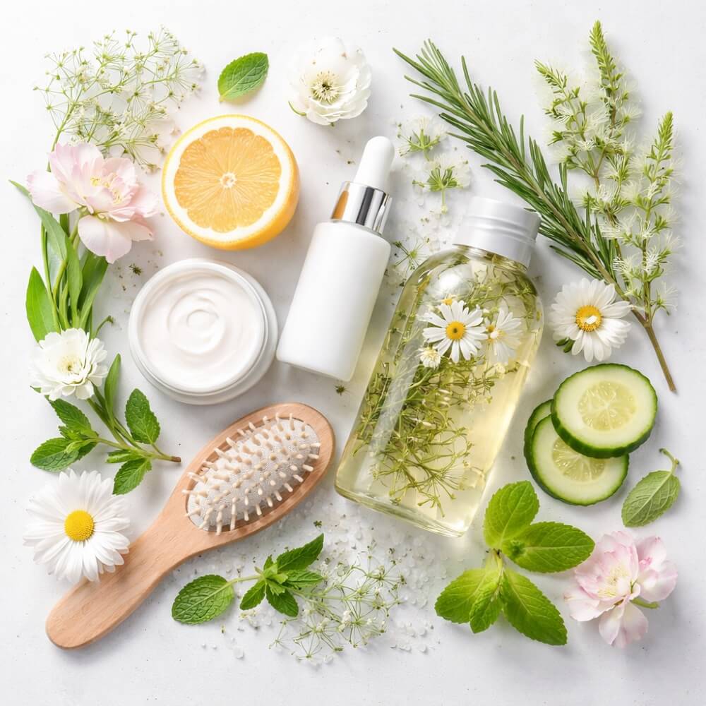 Flatlay mit Serum, Creme, Shampoo und Haarbürste, umgeben von Zitrusfrucht, Gurke, Kräutern und Blüten – symbolisiert einen natürlichen Frühjahrs-Detox für Haut und Haare.
