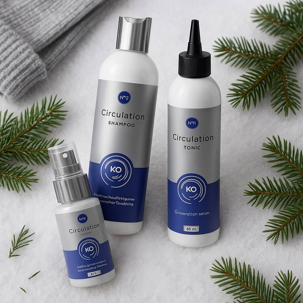 Winterliches Flatlay mit den drei KÖ-HAIR Circulation Produkten – Shampoo, Tonic und Serum – arrangiert auf Schnee, umgeben von Tannenzweigen und einem grauen Wollschal.