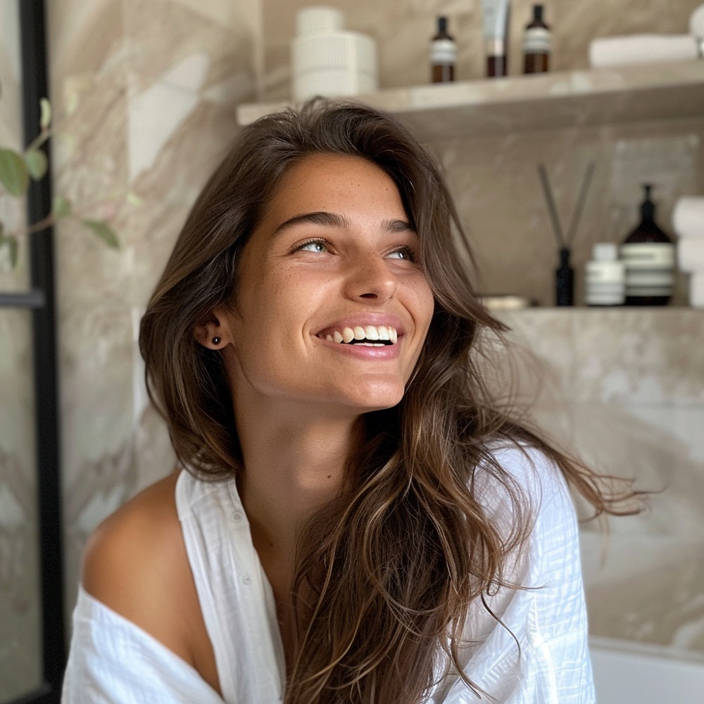 Eine glückliche Frau mit gesundem, langem, glänzendem Haar in einem modernen Badezimmer. Deutlich mit 'Keratin' gekennzeichnete Produkte sind im Hintergrund zu sehen. Das Licht ist warm und weich und betont, wie das Haar glänzt.