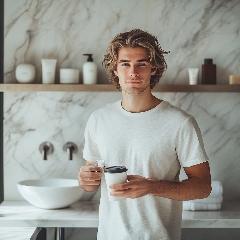 Ein junger, gepflegter Mann mit vollem Haar steht in einem modernen Badezimmer. In einer Hand hält er eine Kaffeetasse, in der anderen ein koffeinhaltiges Pflegeprodukt. 