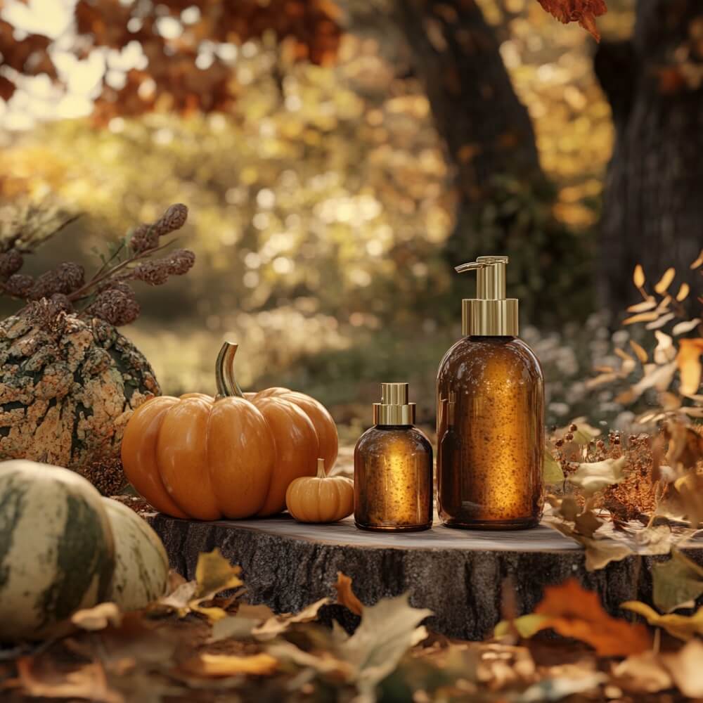 Fotorealistisches Bild einer herbstliche Szene mit Halloween-Kürbissen und Kürbis-basierten Beauty-Produkten für Haut und Haare in einem warmen, einladenden Ambiente.