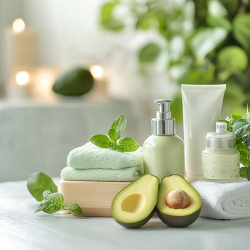 Cremes, Seren und Shampoos auf einem eleganten Badezimmerregal, daneben frische Avocados, Nüsse und grünes Gemüse als Symbol für eine gesunde Ernährung. Im Hintergrund ein sanft beleuchteter Raum mit einem Fitness-Yoga-Setup.