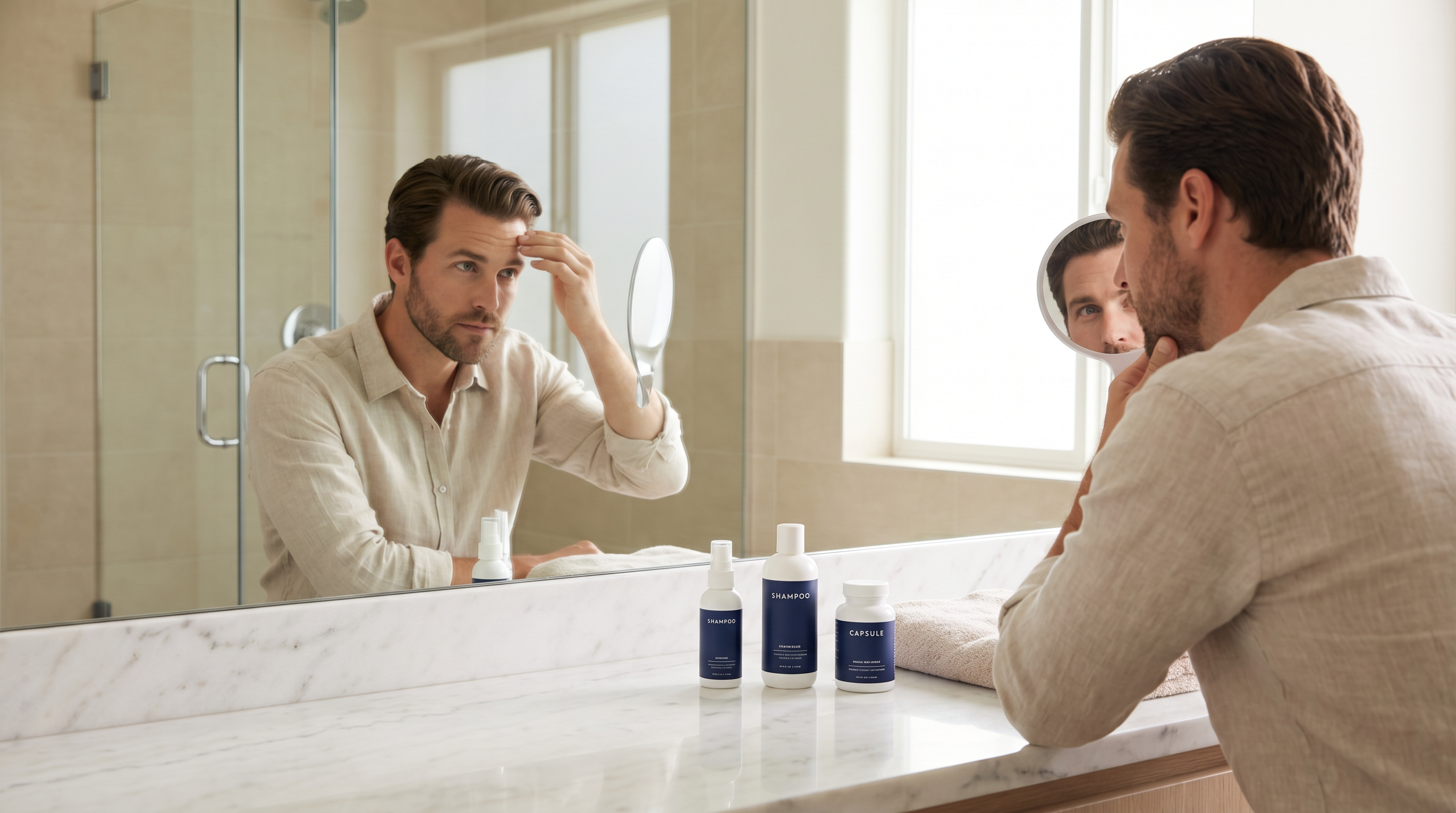 Mann bereitet sich auf Haartransplantation vor mit KÖ-HAIR Produkten im Badezimmer