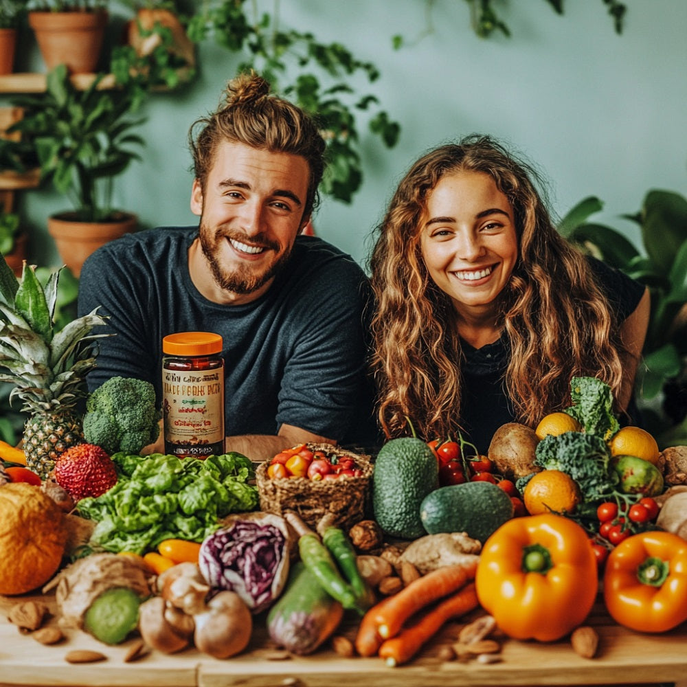 Junges Paar mit schönen langen Haaren steht in der Küche vor einer Auswahl veganer Lebensmittel wie Gemüse, Öl und Hülsenfrüchten.