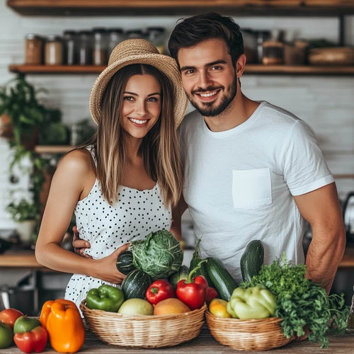 Eine Frau und ein Mann, die gemeinsam eine Auswahl an frischem, farbenfrohem Obst und Gemüse betrachten.