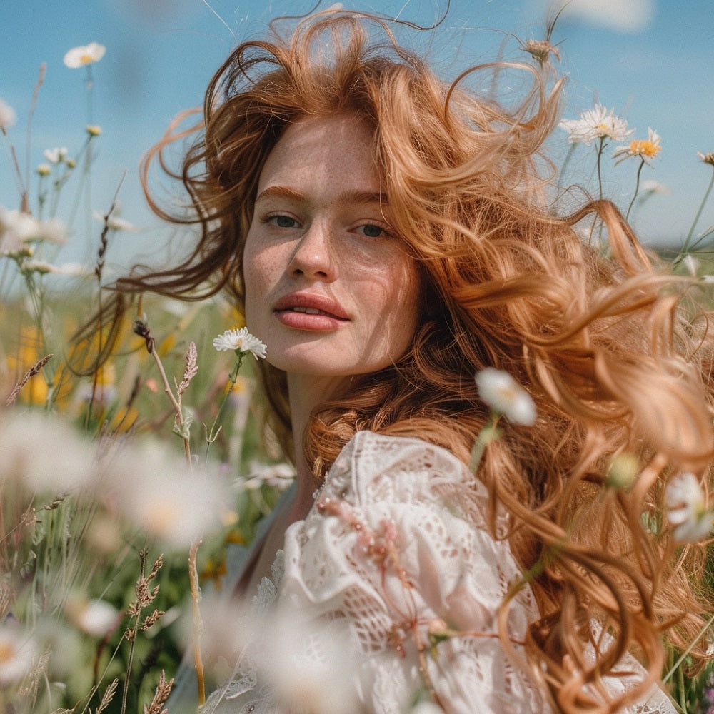 Eine entspannte, glücklich aussehende Frau mit strahlender Haut steht in einer sonnigen, natürlichen Umgebung. Sie hat mittellanges Haar und trägt ein luftiges Sommerkleid. Sie steht in einem Feld mit Wildblumen unter einem klaren blauen Himmel.