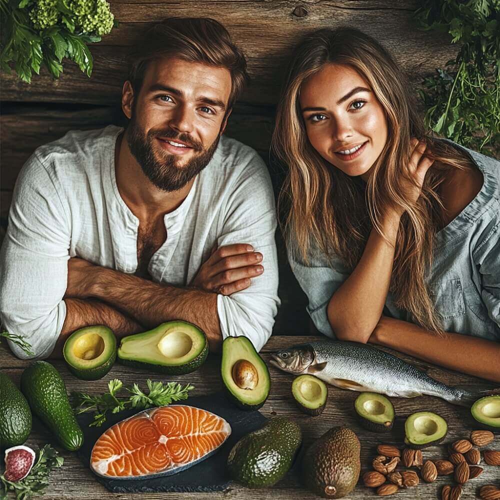 Szene eines Paares mit gesunder und strahlender Haut. Im Vordergrund sind gesunde Lebensmittel wie Avocados, Nüsse, Fisch und Zitrusfrüchte zu sehen. Der Hintergrund ist mit weichem, natürlichem Licht, grünen Pflanzen und Holzstrukturen ausgestattet. 