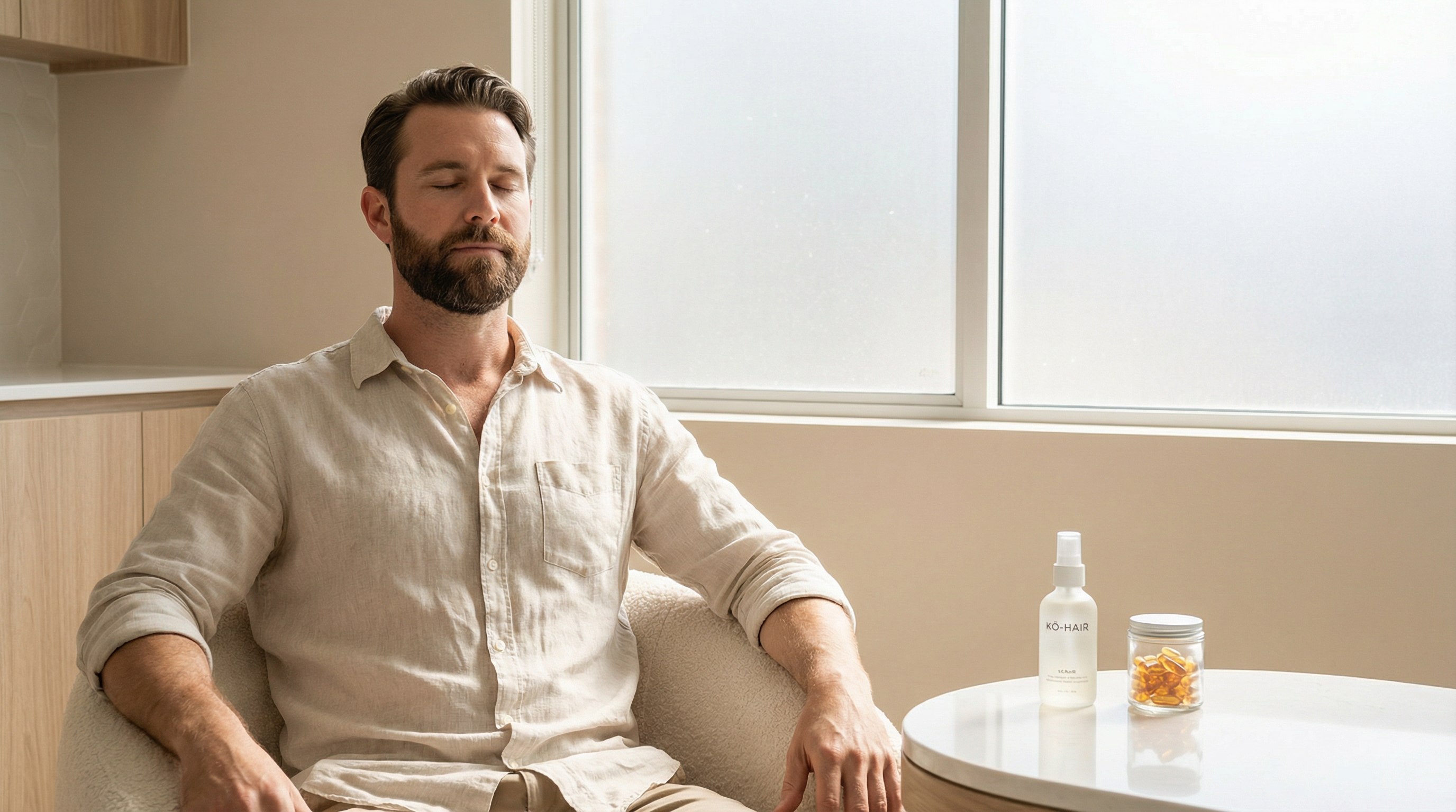 Mann bei mentaler Vorbereitung vor Haartransplantation in moderner Klinik