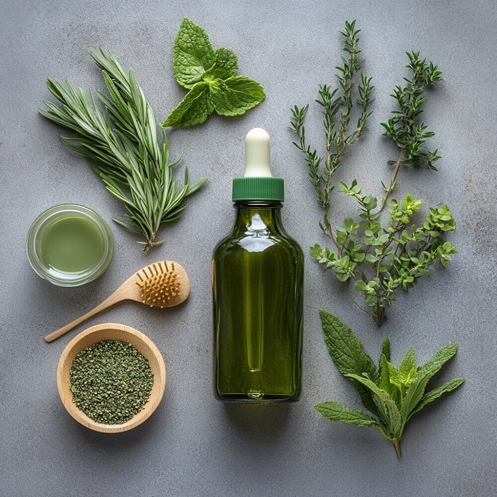 Eine Reihe von natürlichen Inhaltsstoffen, die für die Förderung der Haargesundheit bekannt sind, wie Kokosnussöl, Aloe Vera, Rosmarin und grüner Tee, ästhetisch angeordnet auf einem sauberen, minimalistischen Hintergrund.