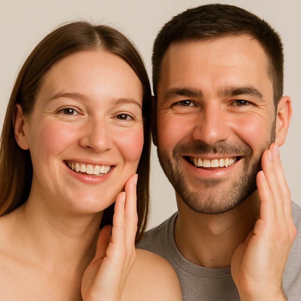 Porträt einer lächelnden Frau und eines Mannes mit leicht geröteten Wangen, die ihre Haut sanft mit den Händen berühren – Symbol für gepflegte, beruhigte Haut.