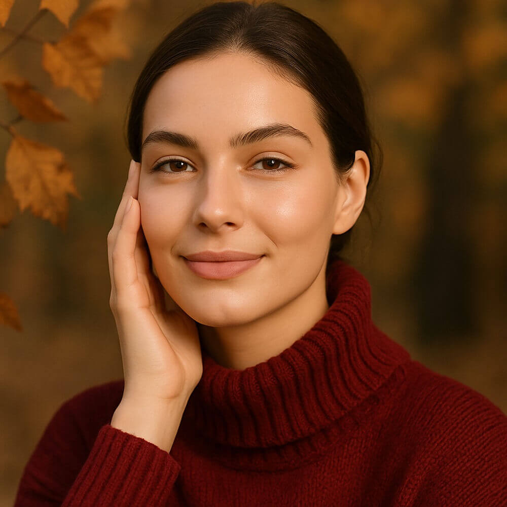Junge Frau mit strahlender Haut in einem dunkelroten Pullover vor herbstlichem Hintergrund mit goldbraunen Blättern.