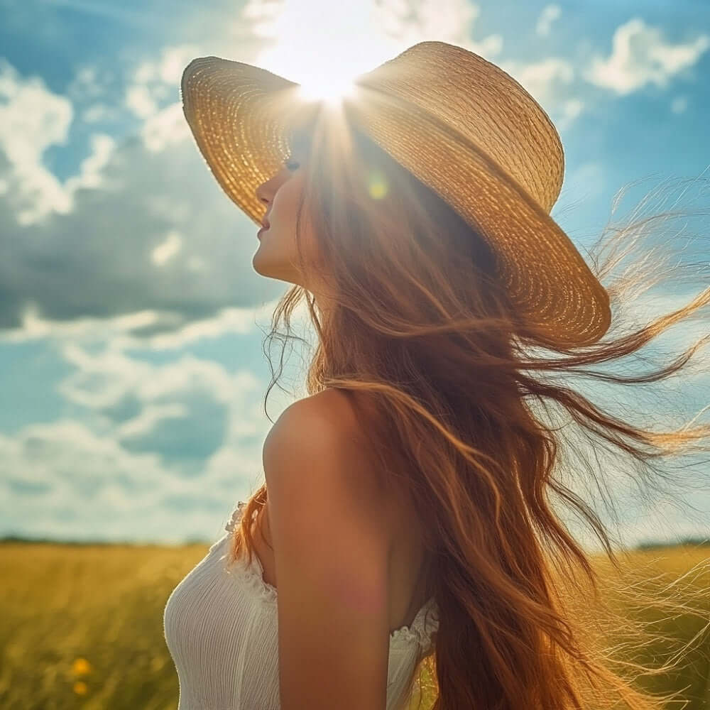 Eine junge Frau mit langem Haar und Sonnenhut steht in der Sommersonne. Im Hintergrund ein heller und sonniger Tag mit blauem Himmel und leuchtendem Weizenfeld.