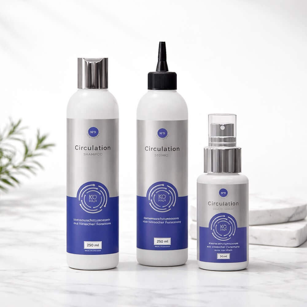 Minimalistisches Produktbild der KÖ-HAIR Circulation Serie mit Shampoo, Tonic und Serum Spray auf hellem Hintergrund – drei aufeinander abgestimmte Haarpflegeprodukte zur Unterstützung von Kopfhaut und Haarwachstum.