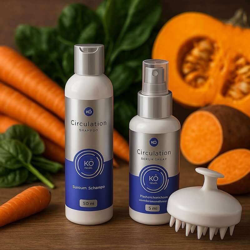 KÖ-HAIR Circulation Shampoo und Serum. Im Hintergrund Vitamin A-haltige Lebensmittel wie Spinat und Karotten