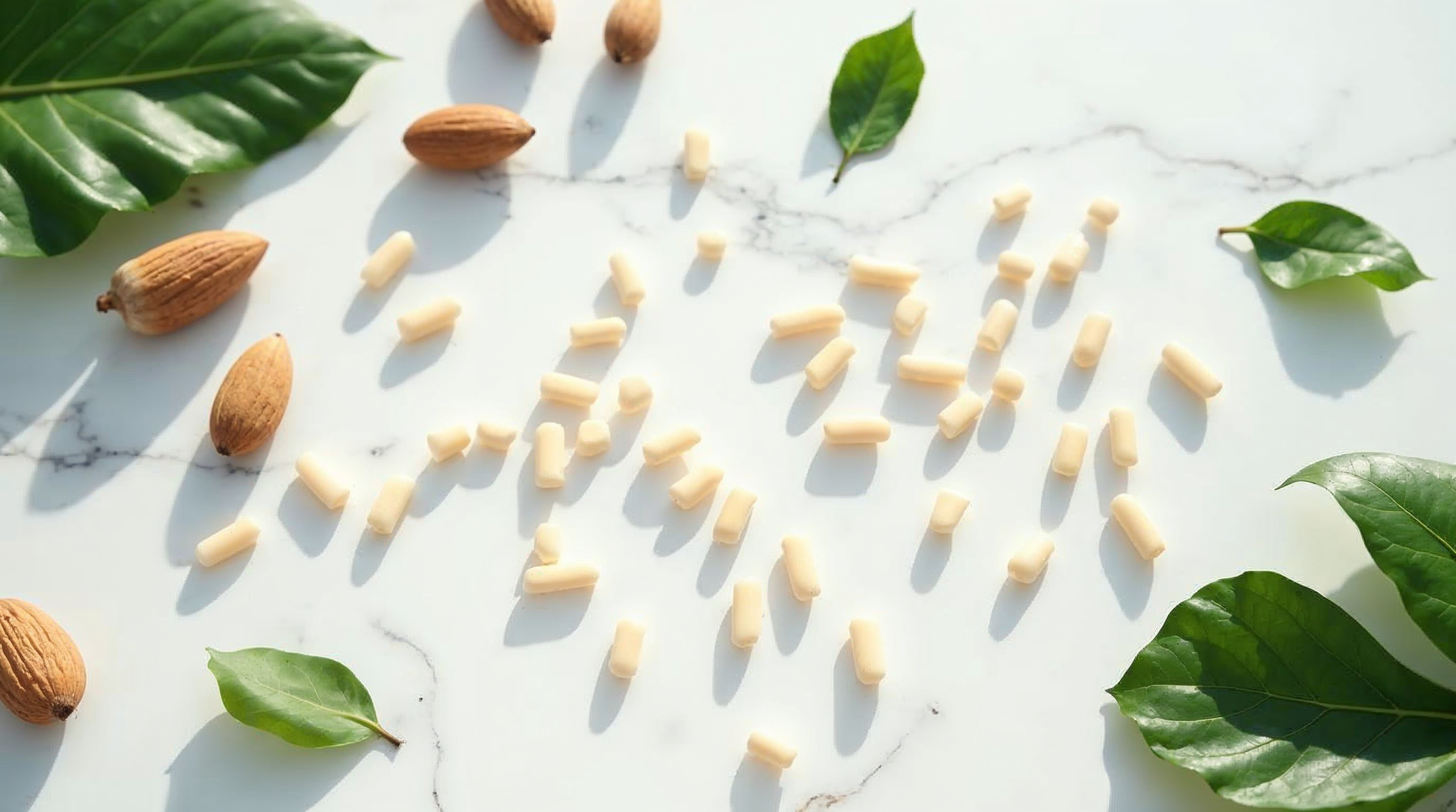 Vitamin E Kapseln und Mandeln auf Marmor - Antioxidantien für gesundes Haarwachstum