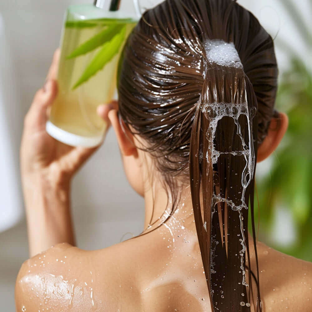 Frau bei einer Kopfhaut- und Haarpflege-Routine – hartes Wasser und Haare