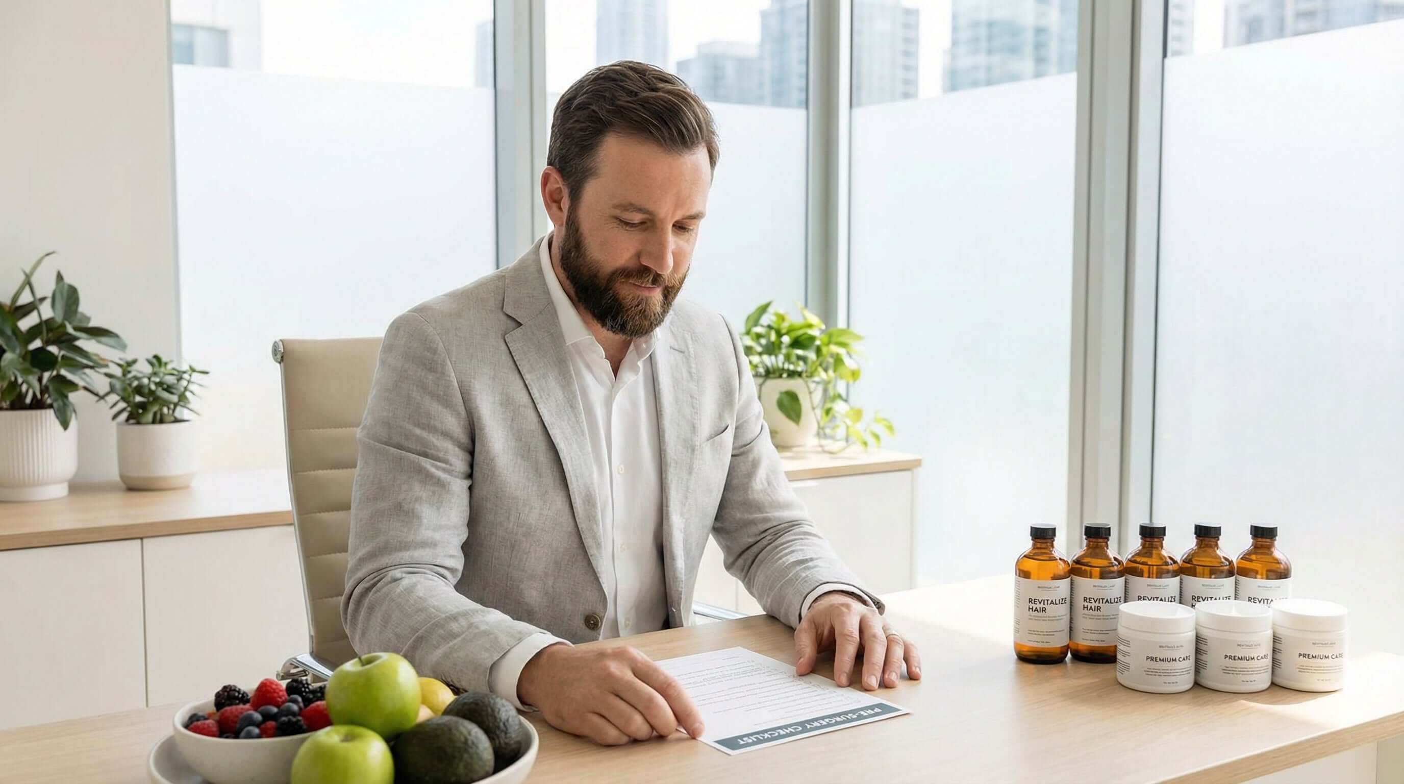 Haartransplantation vorbereiten - Mann bei der Pre-OP Beratung