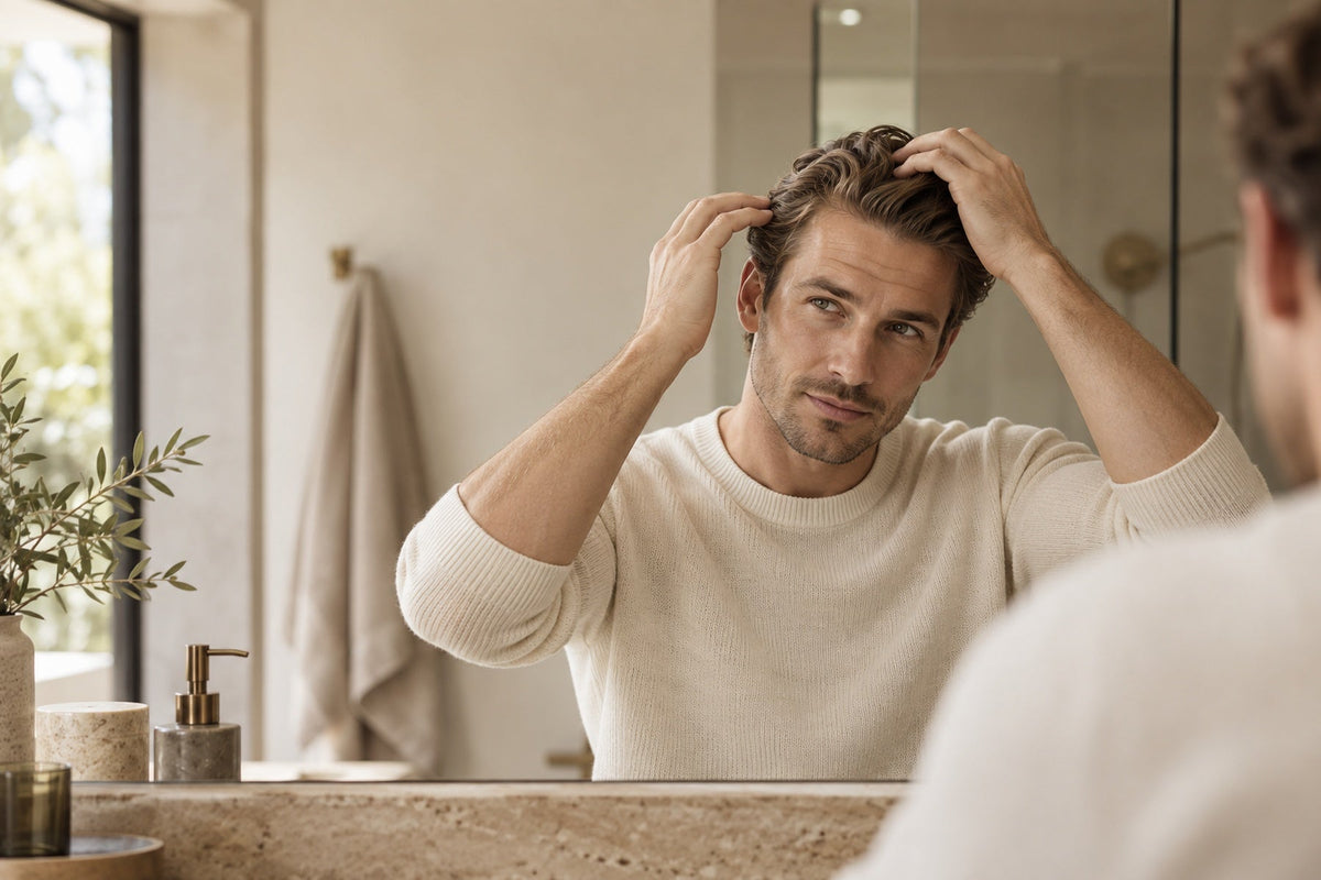 Mann stylt sein Haar vor einem Spiegel in einem ruhigen beigen Badezimmer