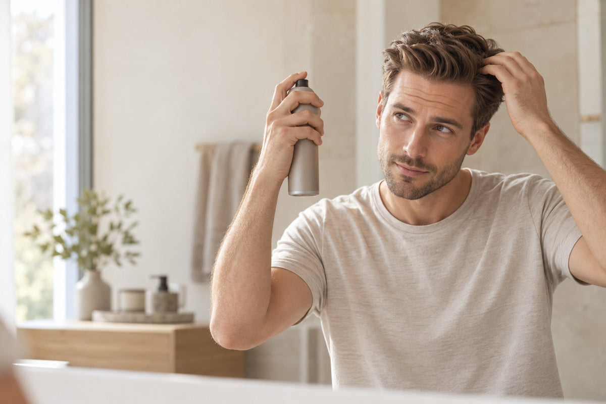 Fotorealistischer Mann prüft sein Haar nach sparsamem Haarspray-Styling im beigen Badezimmer