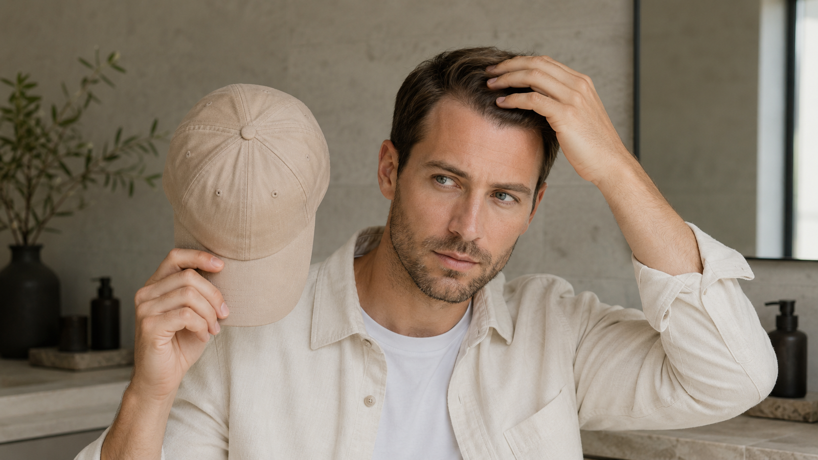 Mann hält eine Baseballcap und prüft entspannt seinen Haaransatz