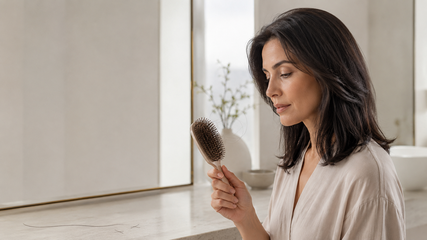Frau prüft ruhig einzelne Haare in einer Bürste, um Haarbruch und Haarausfall zu unterscheiden