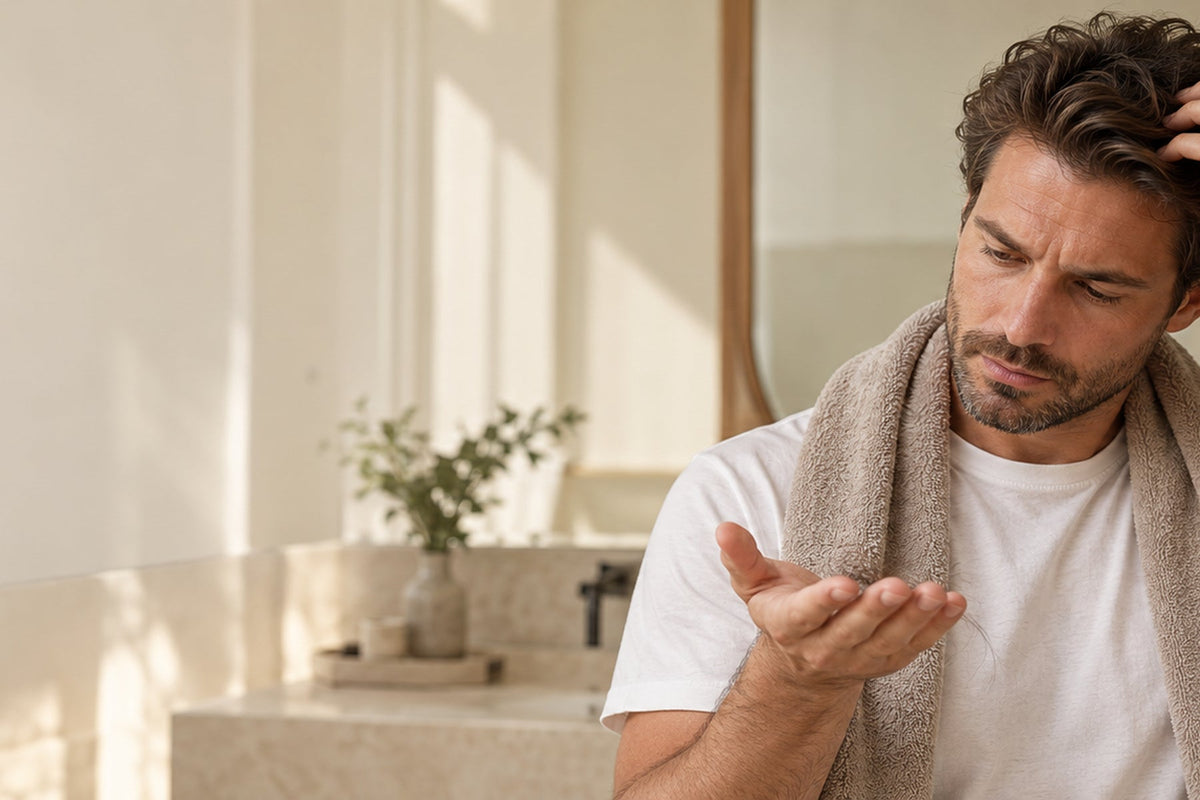 Mann prüft nach schnellem Gewichtsverlust ruhig ausgefallene Haare
