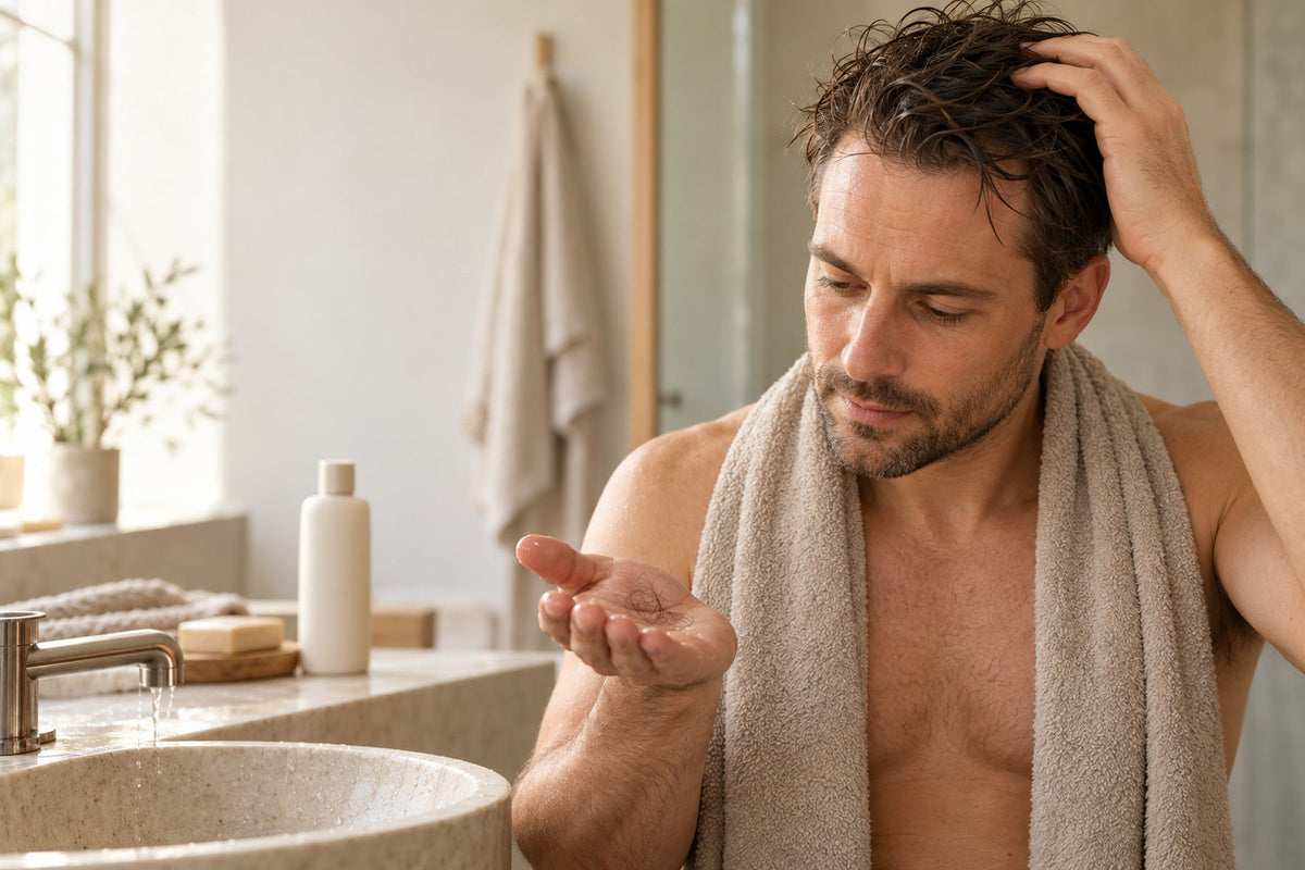 Mann bemerkt nach einem Shampoo-Wechsel mehr lose Haare beim Waschen