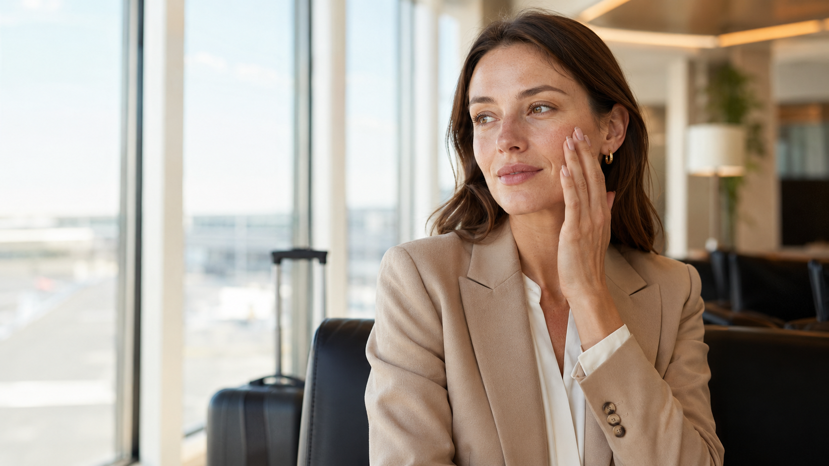 Frau pflegt nach einer Flugreise ihre trockene Gesichtshaut in einer hellen Flughafen-Lounge