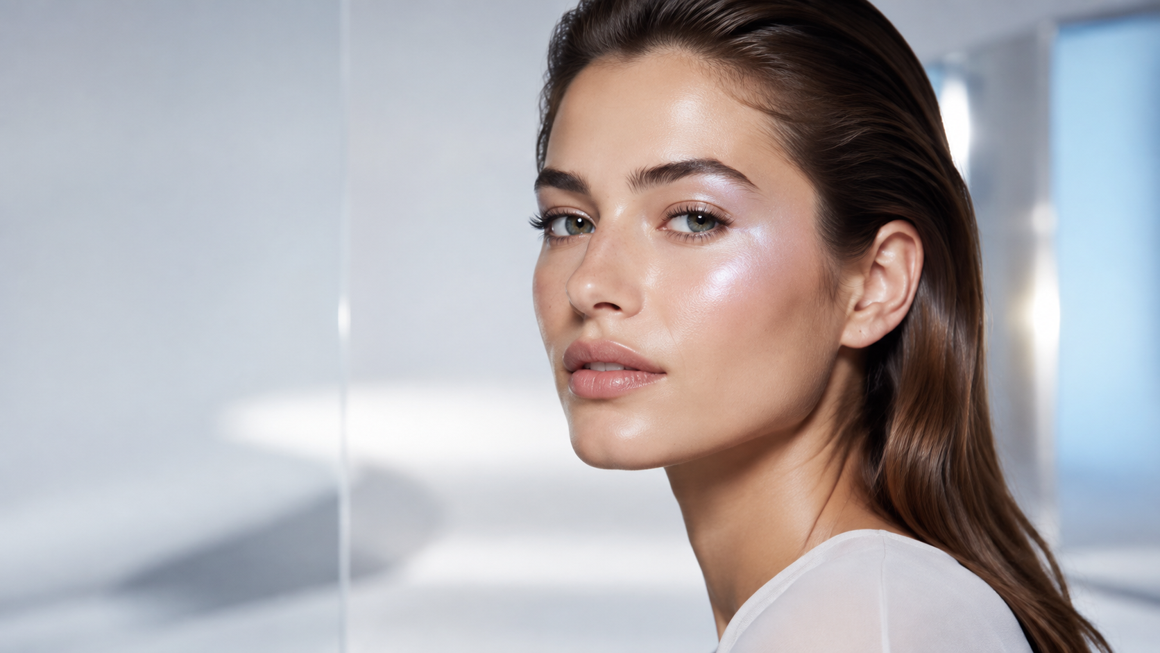 Elegantes Wearable-Shimmer-Make-up in Silber und zartem Flieder auf natürlicher Haut