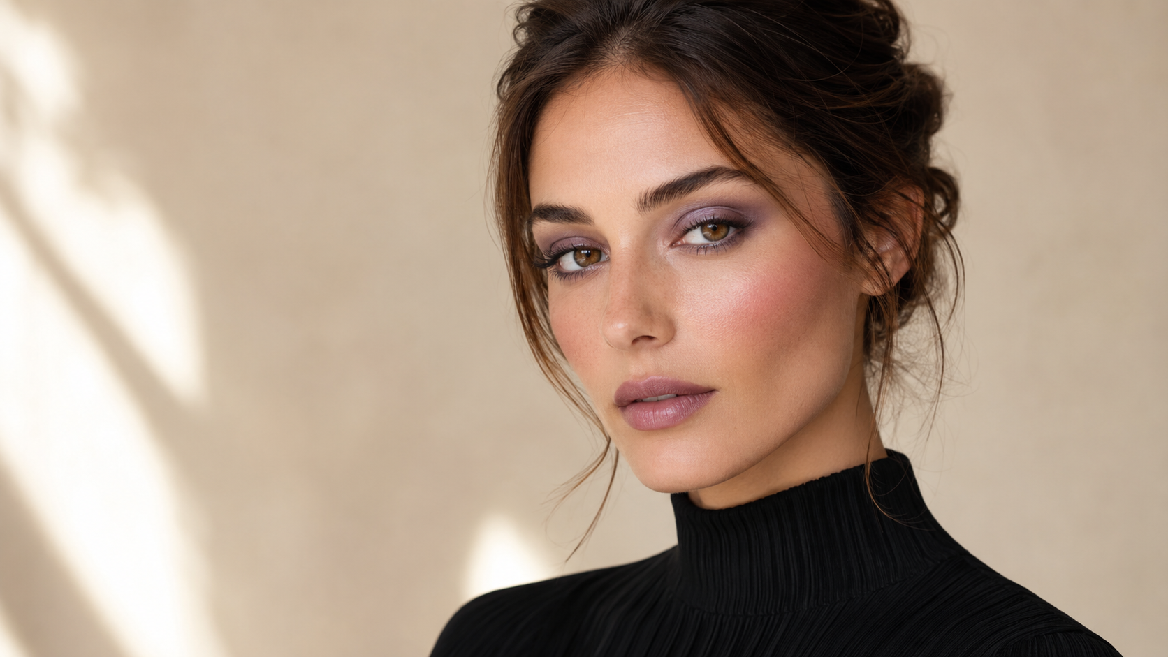 Frau mit rauchigem Lavendel-Make-up im eleganten Wisteria-Haze-Look