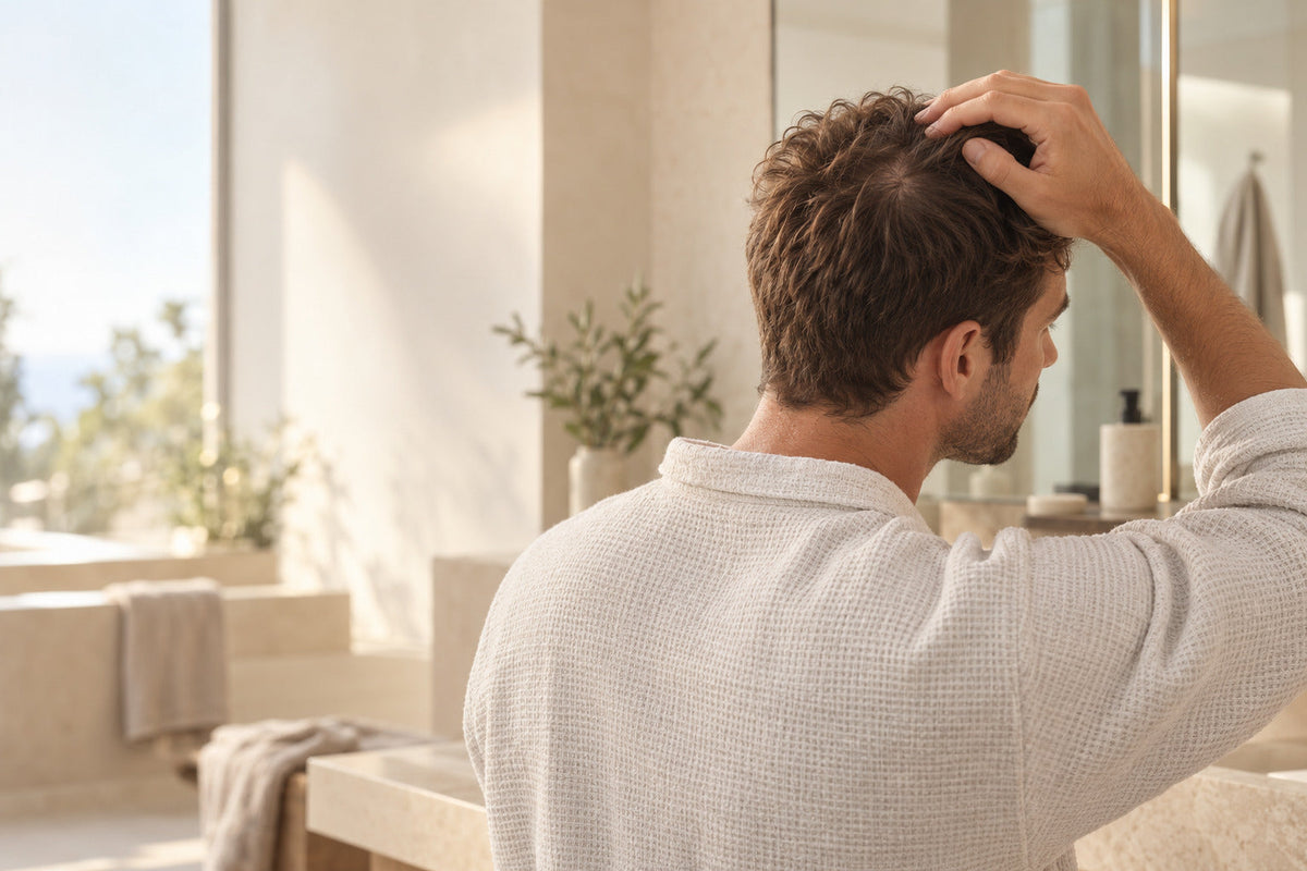 Mann prüft die Haardichte am Oberkopf in einem hellen Badezimmer