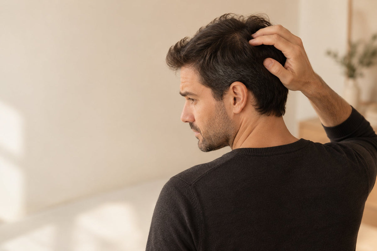 Mann berührt seine schmerzende Kopfhaut als Symbol für Haarverlust und Trichodynie