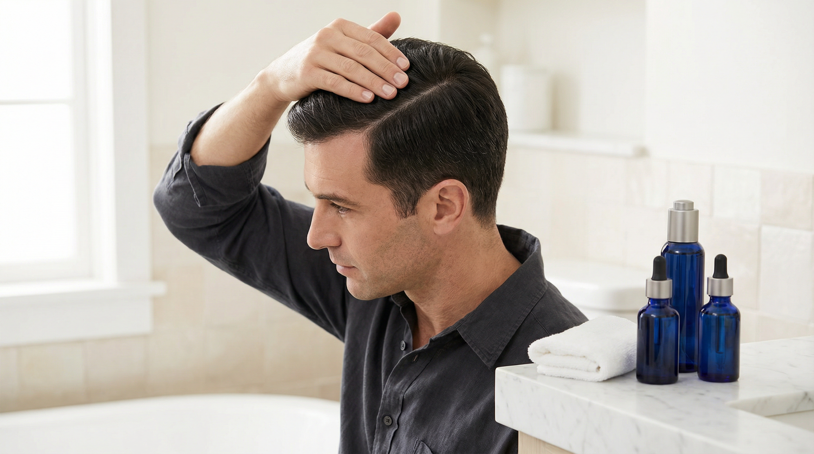 Peptide gegen Haarausfall - Mann prüft Kopfhaut mit Pflegeprodukten