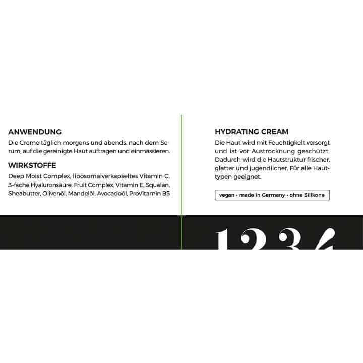 KÖ-KLINIK Hydrating Cream packaging, highlighting ingredients and usage instructions for all skin types.