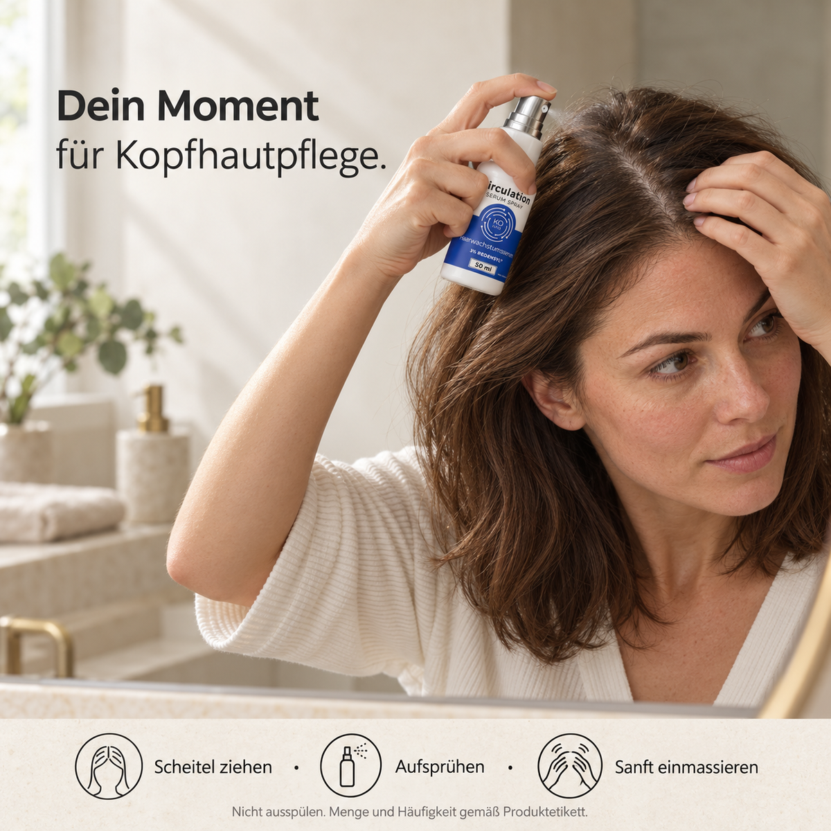 Anwendung des Circulation Serum Sprays am Scheitel einer Frau – illustrierte Anwendung