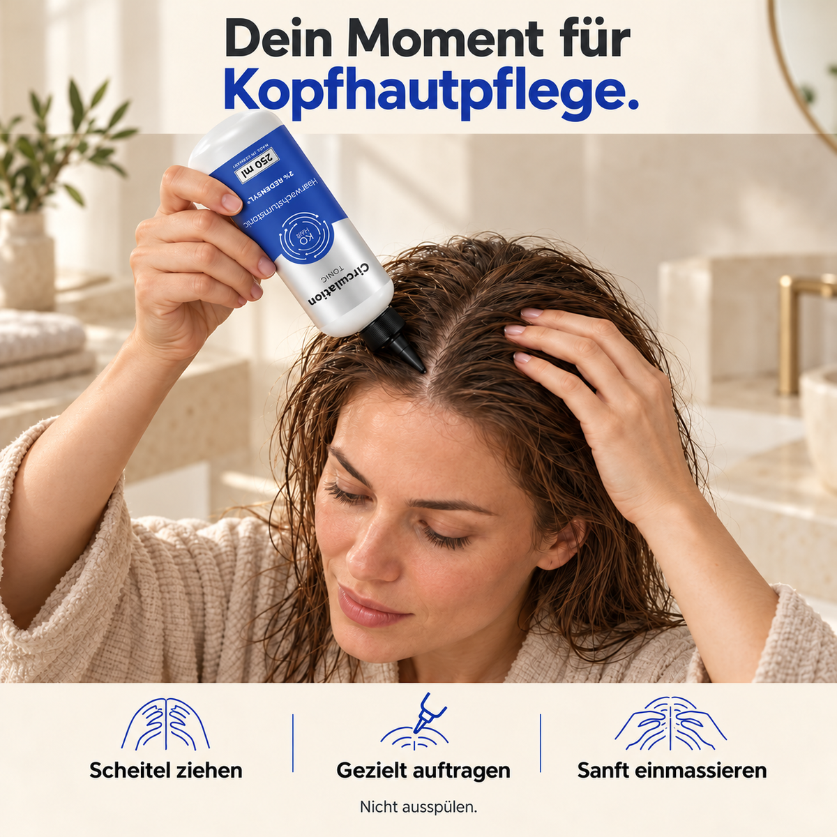 Circulation Tonic – illustrierte Anwendung mit Dosierspitze bei einer Frau