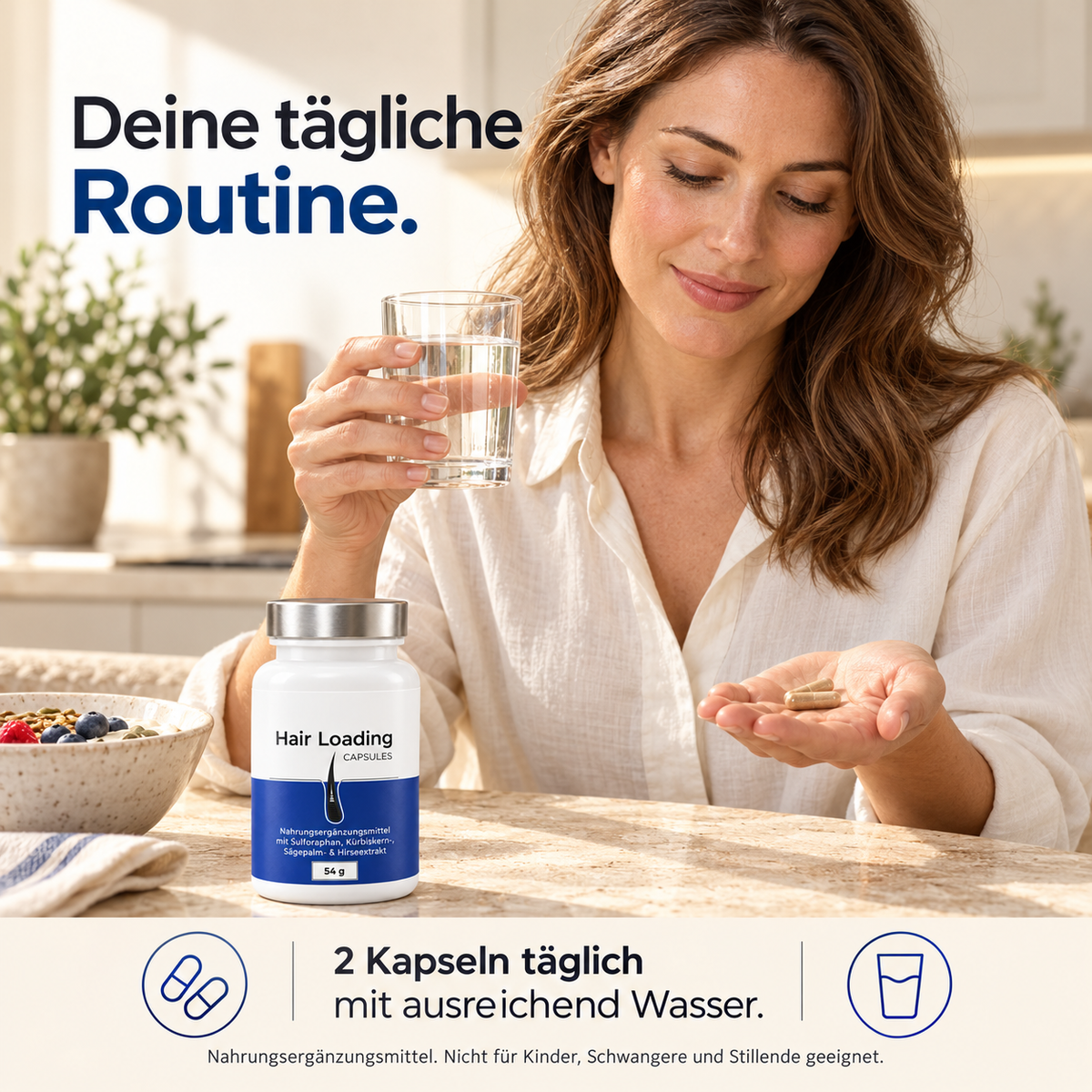 Hair Loading Capsules – tägliche Einnahme mit Wasser, Frau