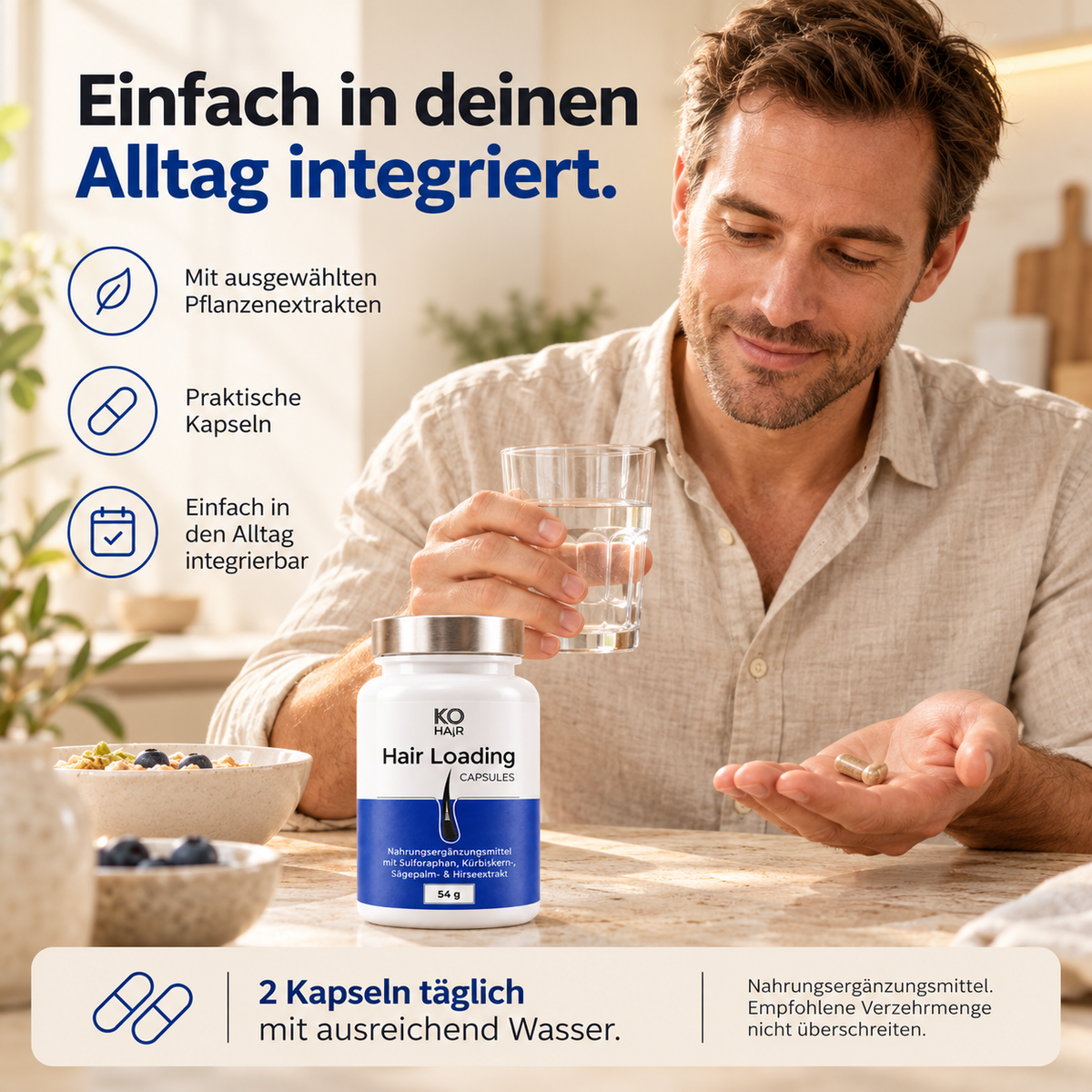 Hair Loading Capsules – tägliche Einnahme mit Wasser, Mann