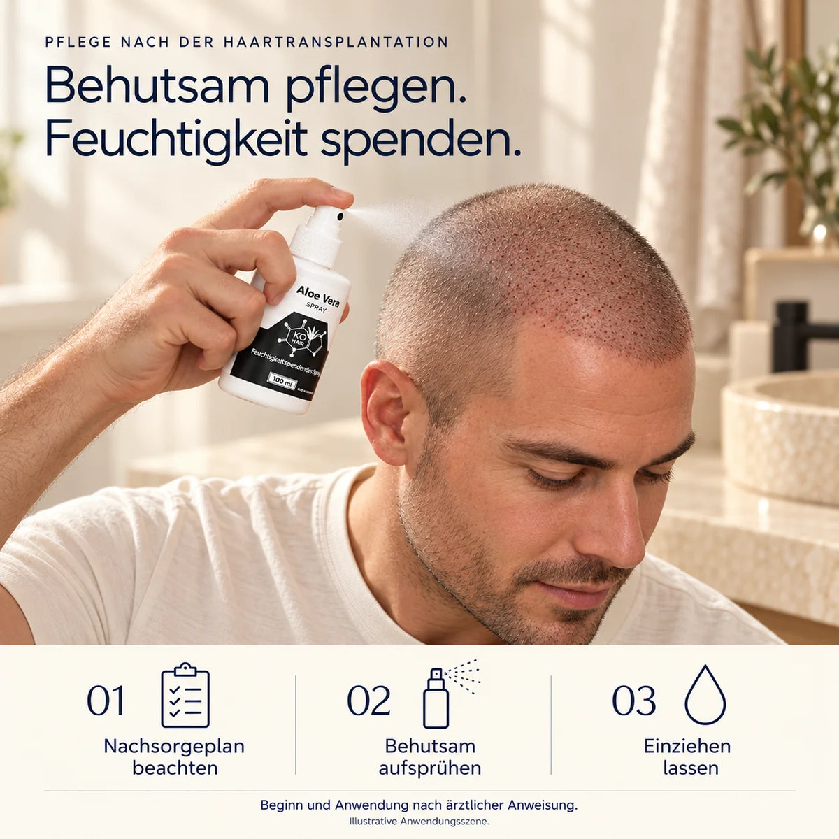 Aloe Vera Spray – illustrative Anwendung nach Haartransplantation gemäß persönlichem Nachsorgeplan