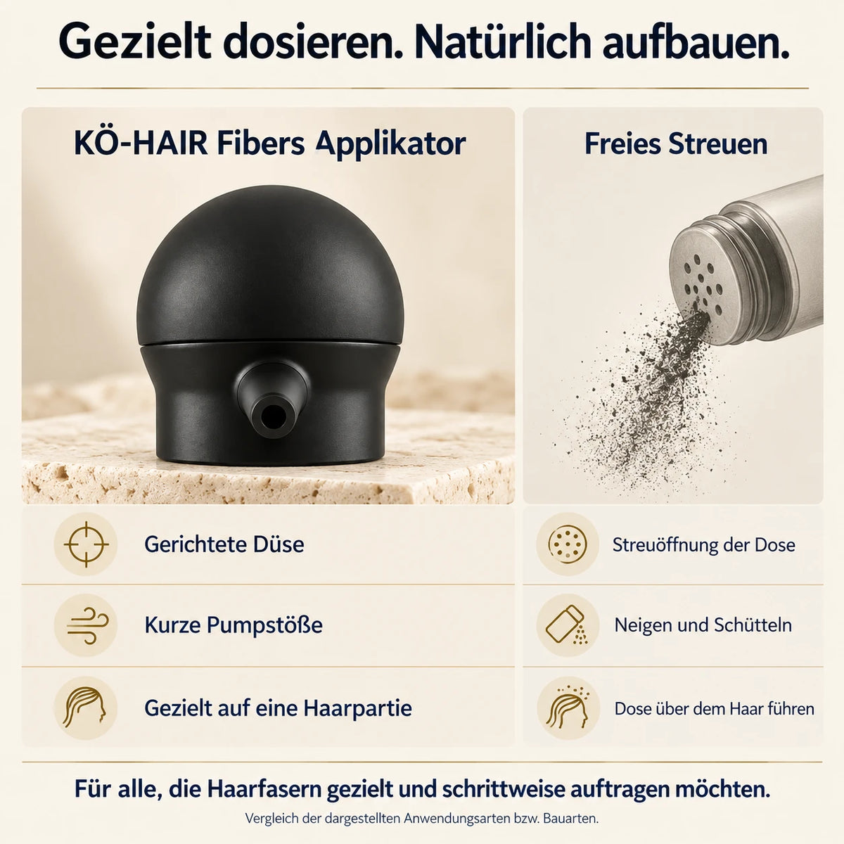 KÖ-HAIR Applikator für KÖ-HAIR Fibers – Vergleich der Anwendungsarten