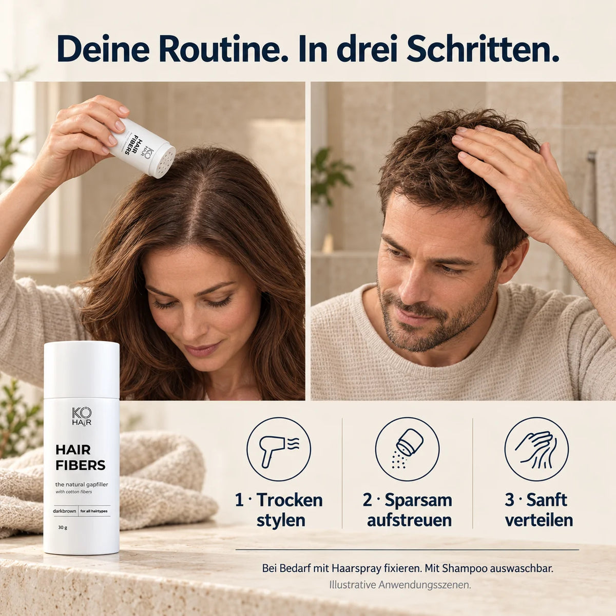 KÖ-HAIR Fibers 30 g – Anwendung in drei Schritten für Frauen und Männer